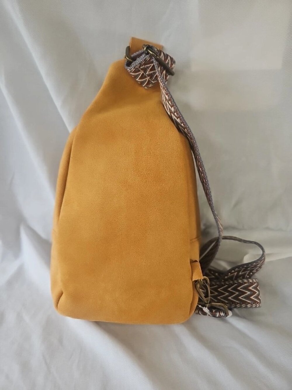 ahdorned Vegan Suede Mustard Yellow Crossbody Sling Bag with Tapestry Strap-NWT - Picture 4 of 5